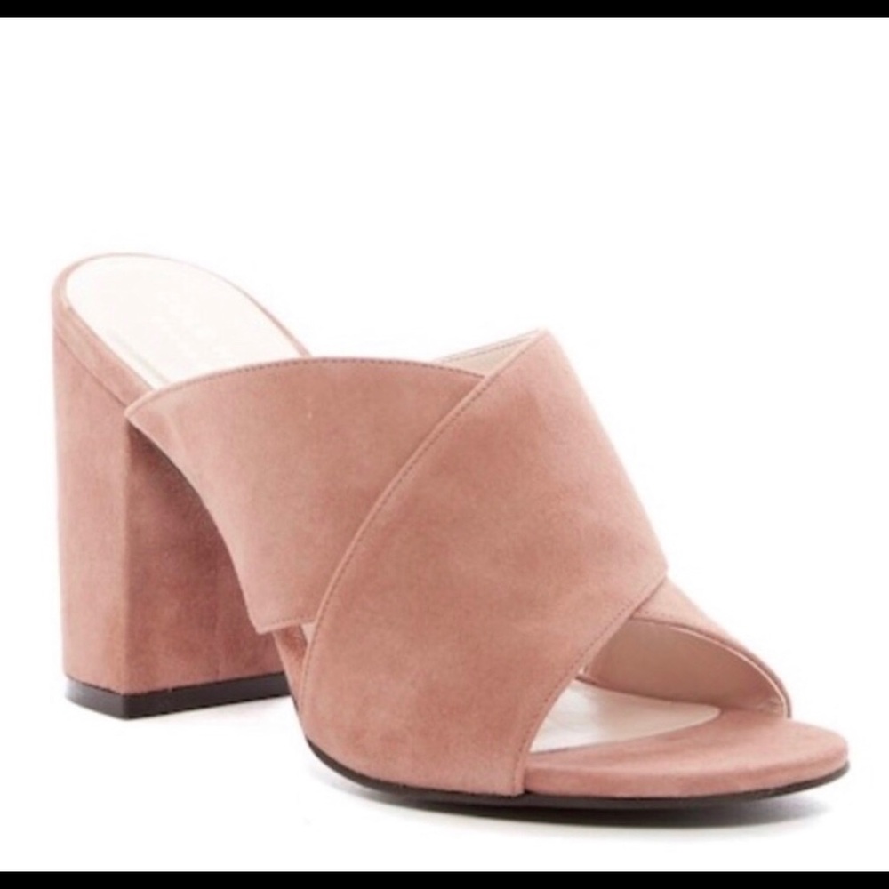 Cole Haan open toed suede high heel mules